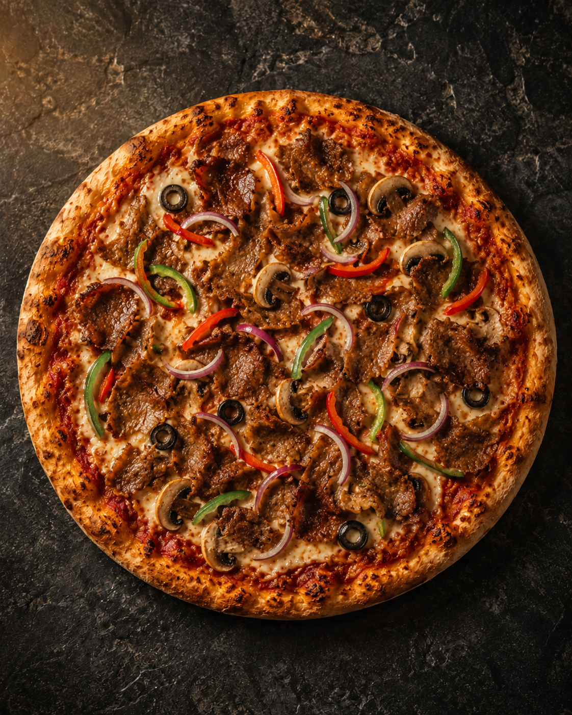 Döner Pizza, mit Kalbfleisch vom Spieß